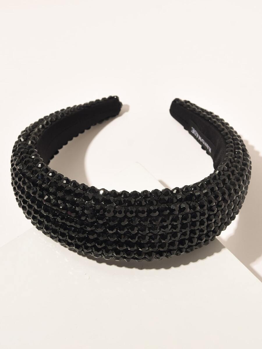 Handmade Rhinestone Velvet Wide Padded Headband - Black