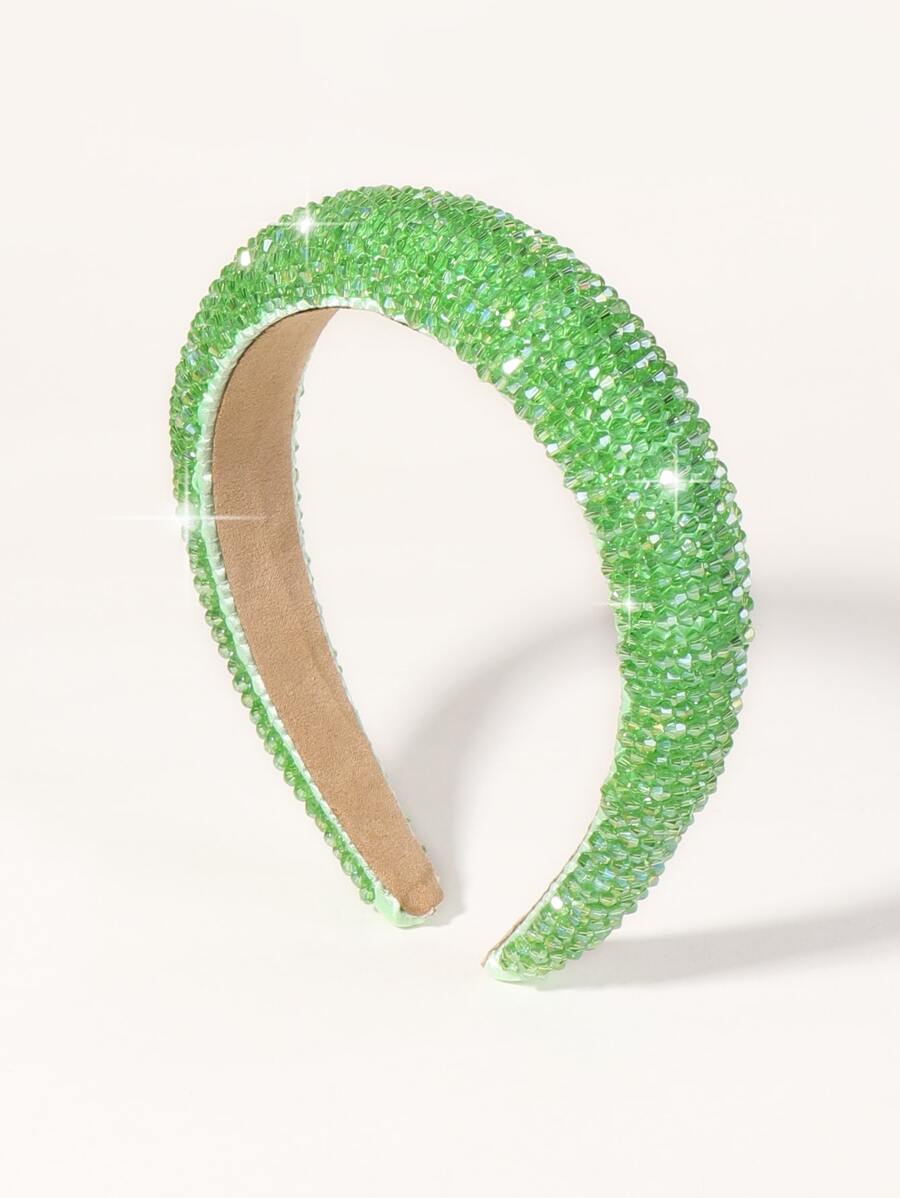 Handmade Rhinestone Velvet Wide Padded Headband - Green