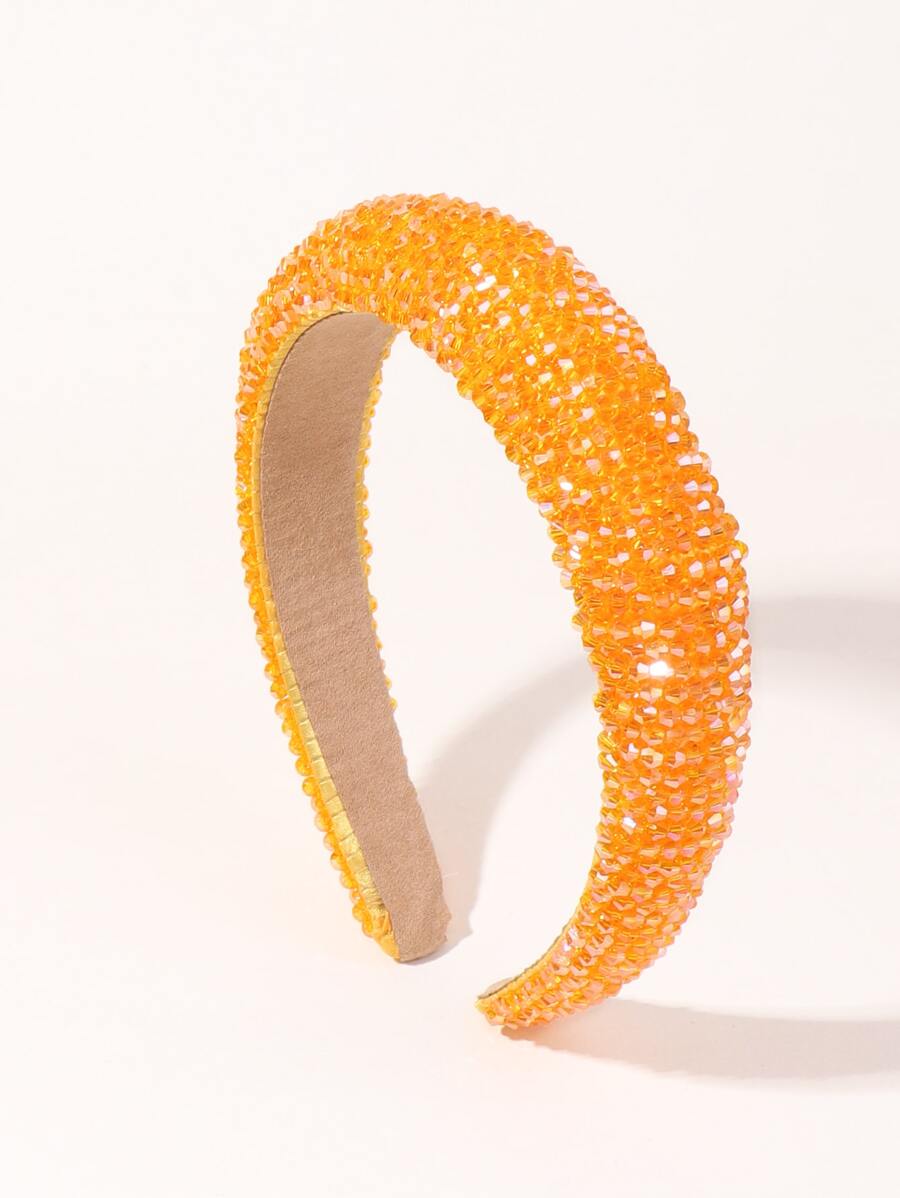 Handmade Rhinestone Velvet Wide Padded Headband - Orange